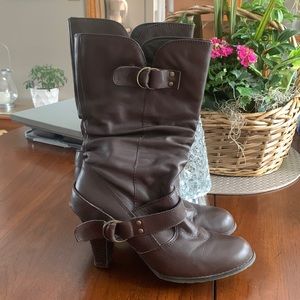 Tall heeled boots, brand Aldo, size 8, brown pleather